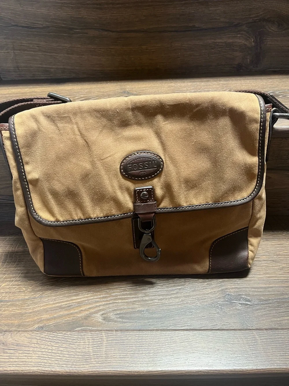 Fossil Brown and Dark Brown Canvas Messenger Bag